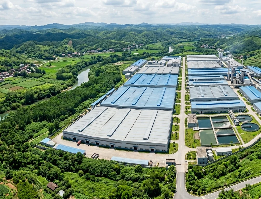 Aerial view of the Bearhug manufacturing campus surrounded by green hills