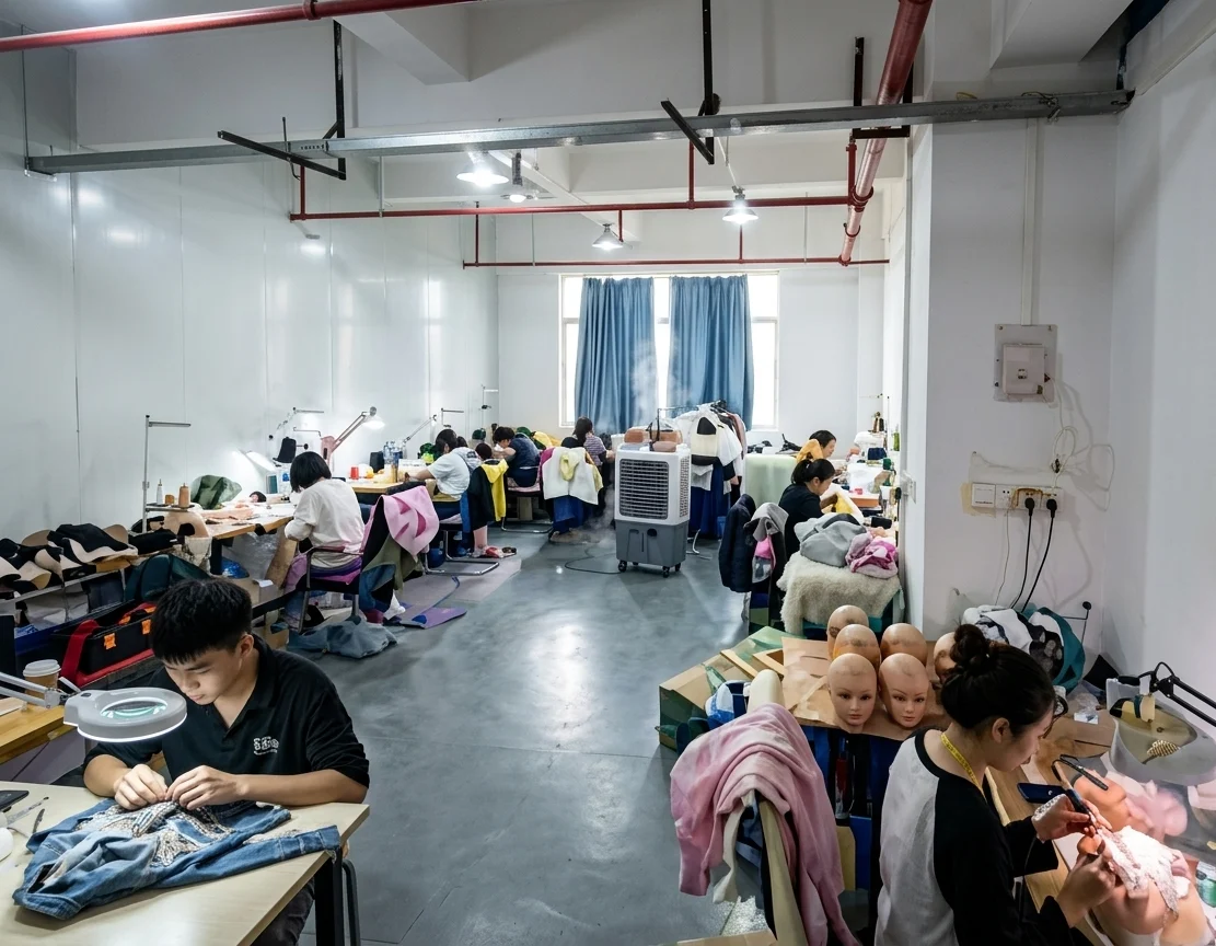 Bearhug artisans hand-finishing lingerie at the craft and assembly benches