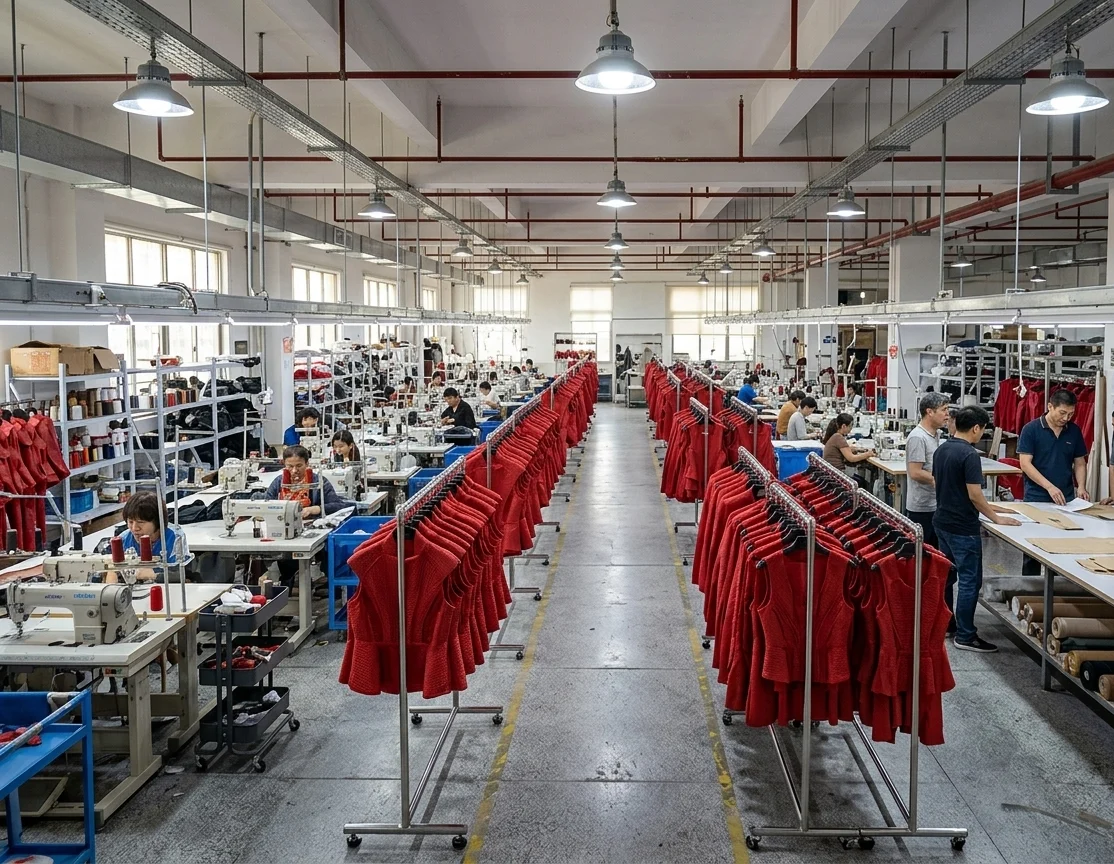 Bearhug production line with garments moving through the finishing studio