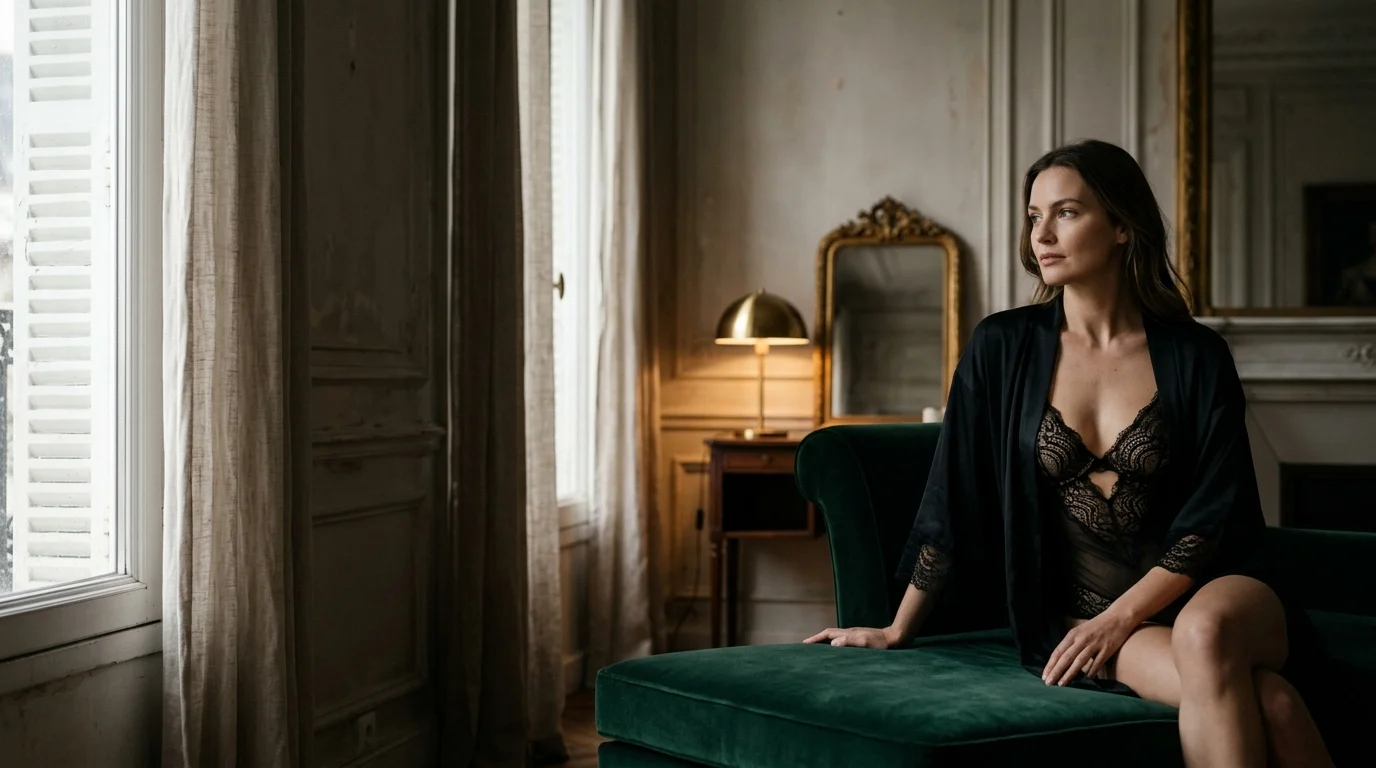 Model in black lace lingerie and a silk robe seated on an emerald velvet chaise in a Parisian apartment, warm lamplight and tall shuttered windows
