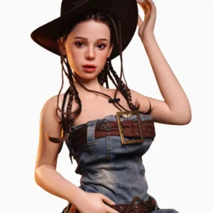 Vera silicone doll, denim western styling with a wide-brim hat