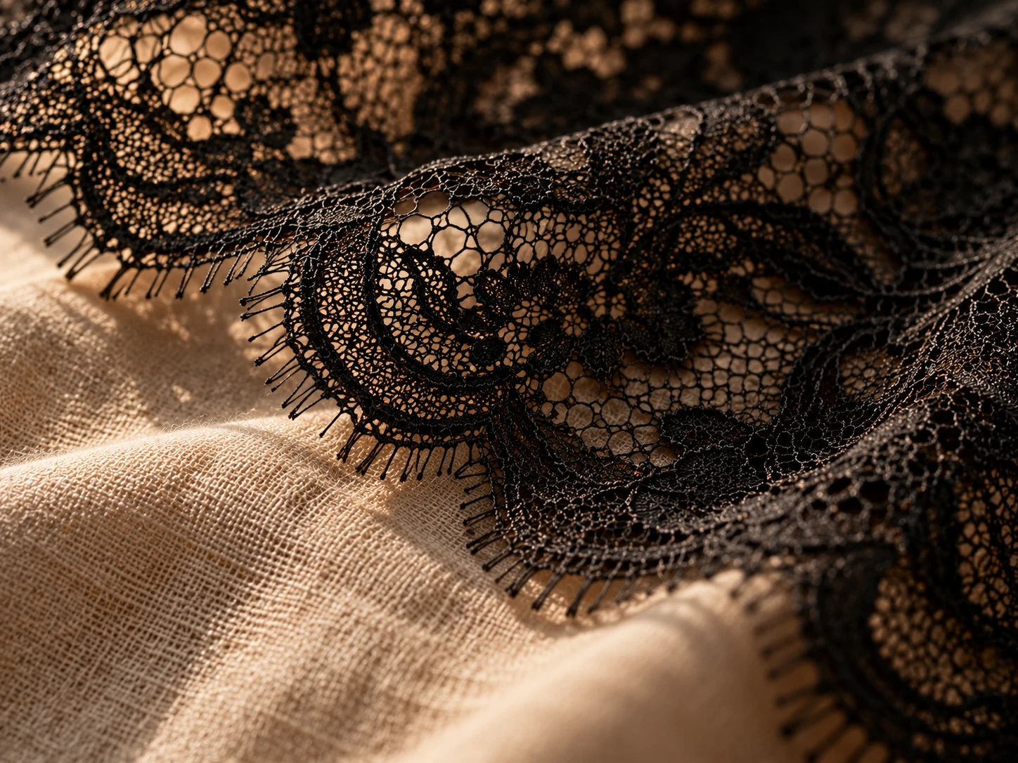 Close detail of black lace against bone-coloured linen