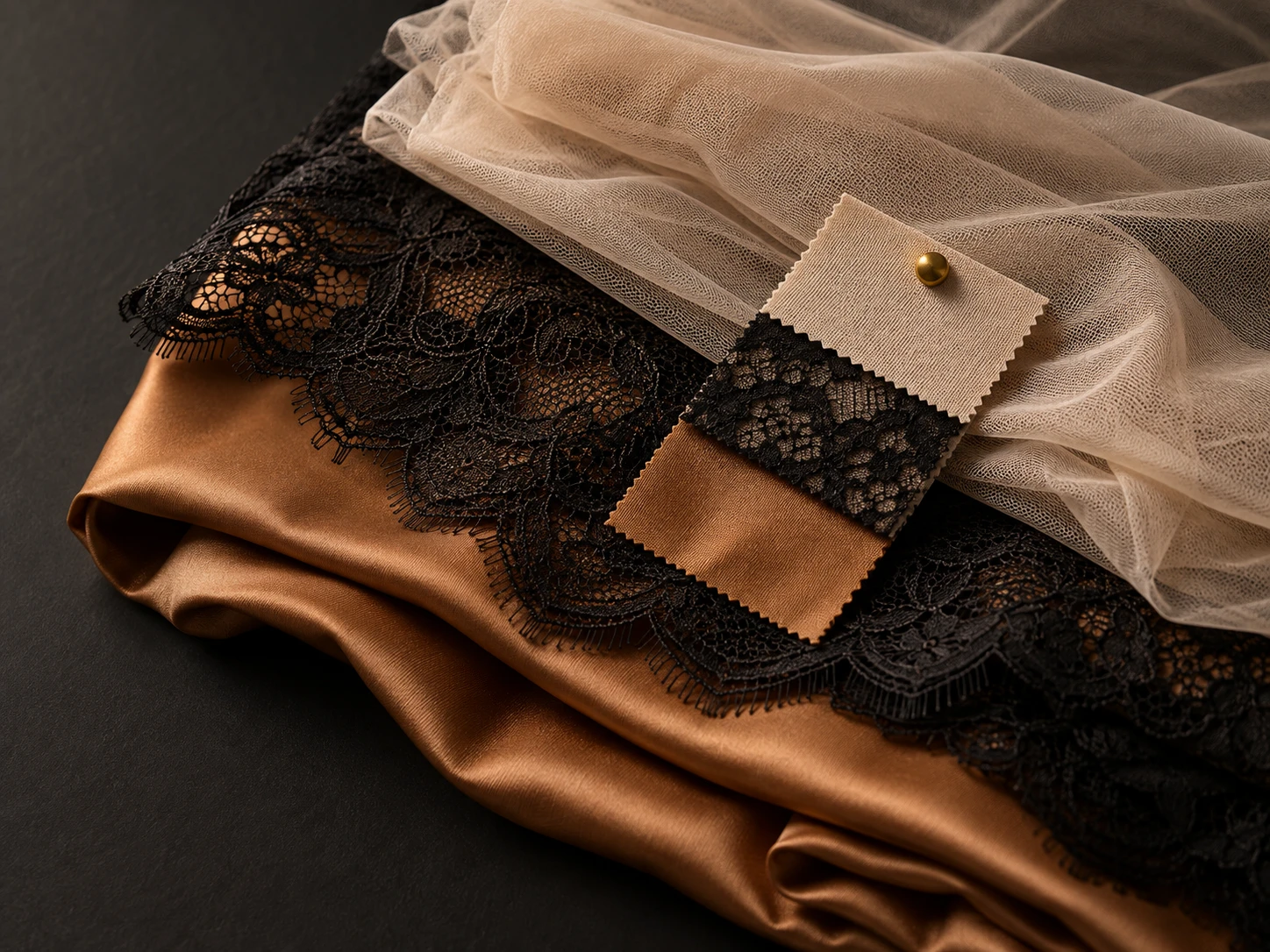 Folded lace, silk and tulle from the Bearhug collection with a fabric swatch card